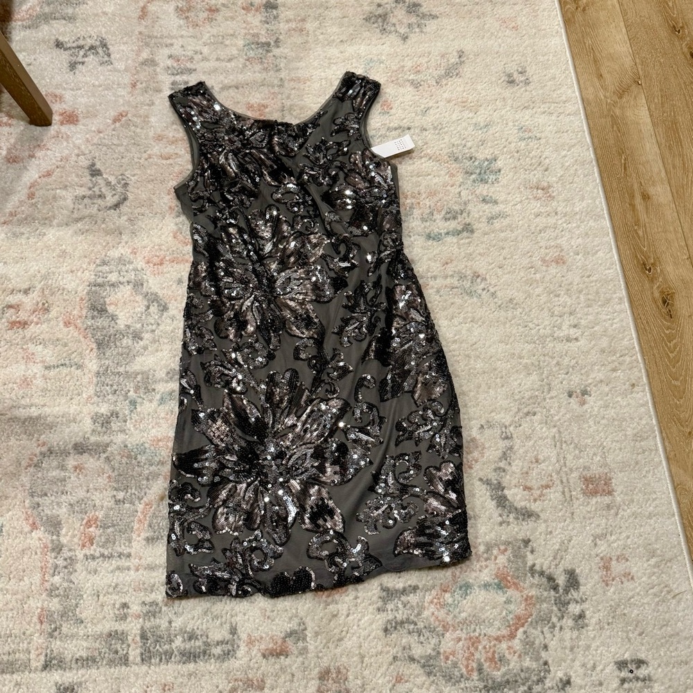 White House Black Market Black and Silver Floral Sequin Mini Dress